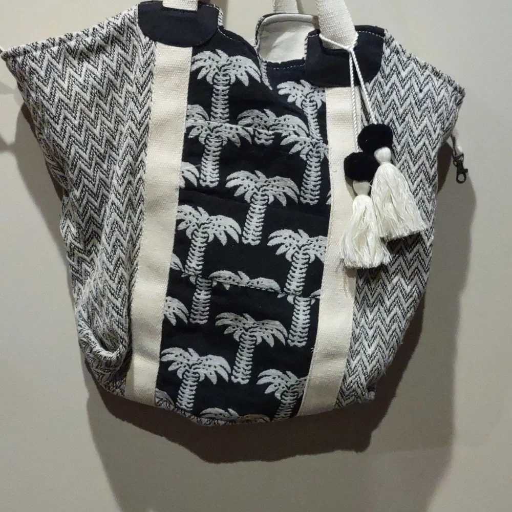 Palm Tree Patterned Tote Bag - Black and Cream Slouch Bag
